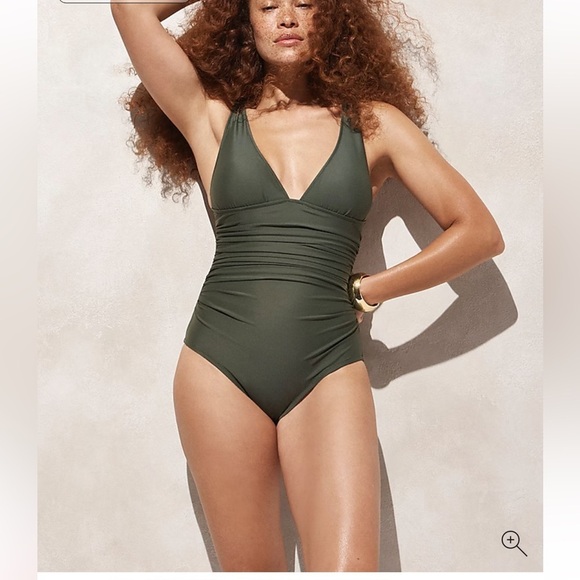 J. Crew Ruched V-neck One Piece Swimsuit in Army/Olive Green BC116 - Size 20 - Picture 1 of 14